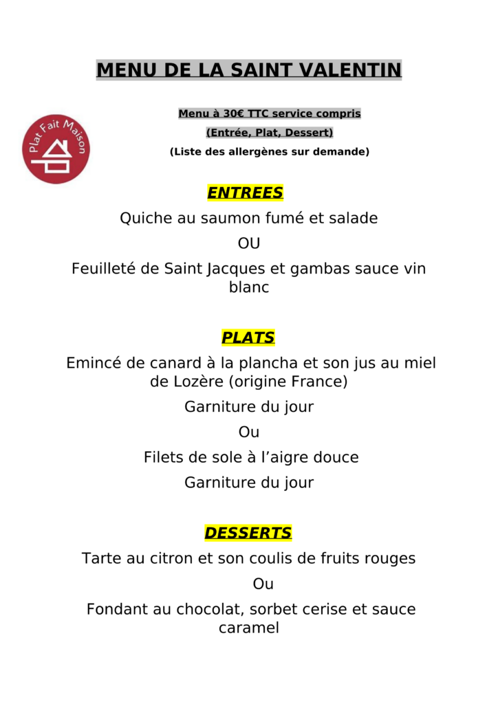 Menu St Valentin 2026